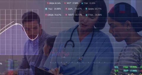 Nurse advising family while displaying digital health charts and clinical data visualization