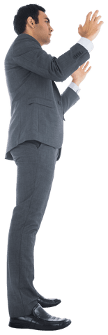 Confident Businessman in Gray Suit with Arms Raised Transparent Background