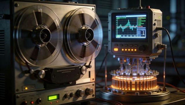 Vintage reel-to-reel tape recorder and oscilloscope monitoring analog waveform on workbench