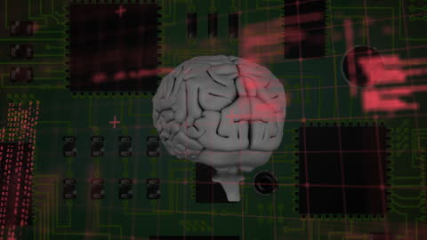 Digital Brain on Circuit Board Animation in Green Overlay
