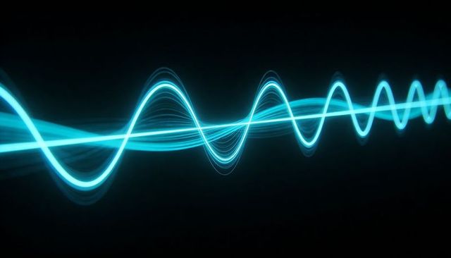 Glowing Cyan Turquoise Waveform Undulating Across Black Background with Neon Light Trails