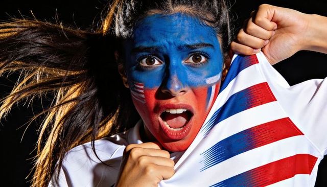 Shouting female fan pulling jersey showing bold red white blue face paint intense closeup