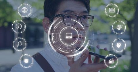 Asian man speaking into smartphone with augmented interface overlay and HUD icons