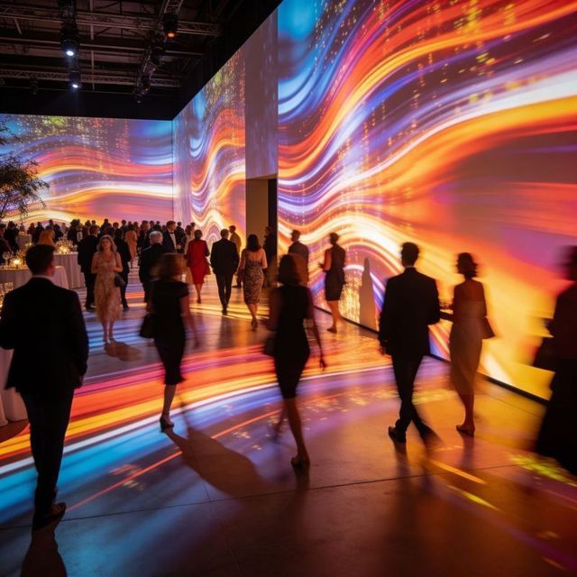Gala guests walking through immersive projection-mapped ballroom with vibrant light trails