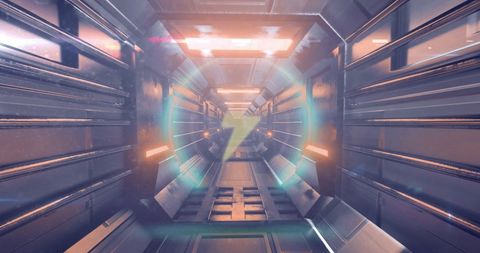 Futuristic Corridor with Neon Lights and Metallic Walls