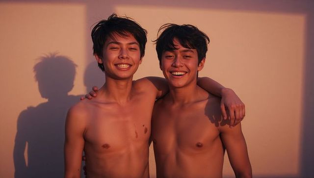 Smiling teenage boys embracing at golden hour casting long shadow and warm sunlight