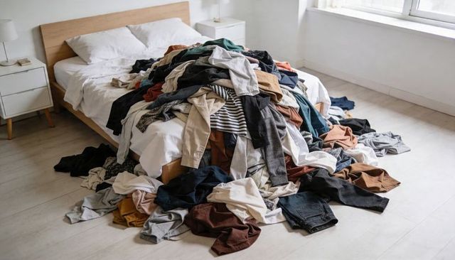 Overflowing clothing pile spilling from bed in minimalist bedroom, laundry chaos concept