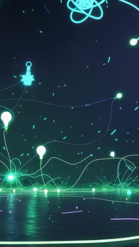 Vertical neon filaments pulsing and connecting in digital void forming abstract tech icons