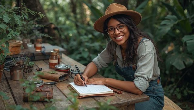 Smiling woman in hat and glasses writing in notebook at rustic outdoor garden worktable