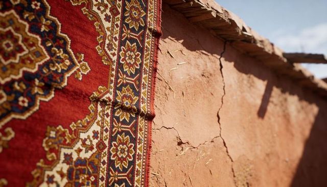 Sunlit red woven rug hanging on cracked adobe wall with floral border and beam shadow