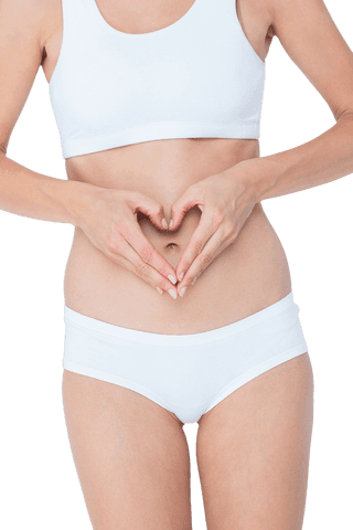 Transparent image of woman indicating stomach health with hand heart sign