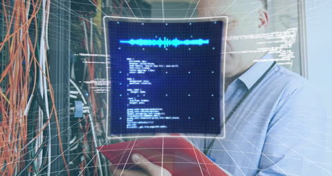Cybersecurity Technologist Analyzing Data in Server Room