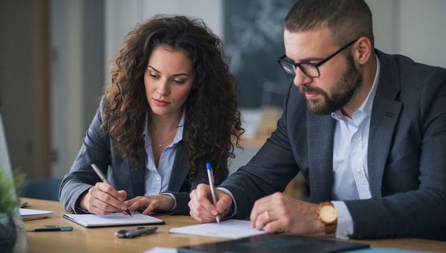 Business colleagues taking notes at boardroom table during collaborative meeting and review