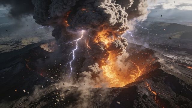 Erupting volcano generating lightning-struck ash plume over lava-filled caldera