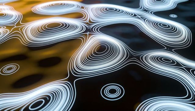 Glowing topographic contour network on glossy dark surface with gold reflections