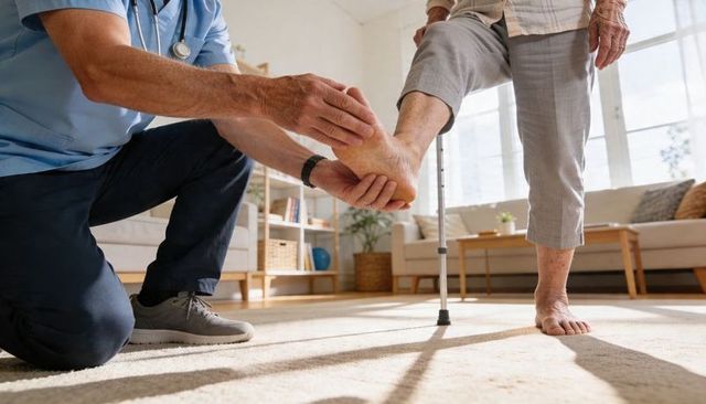 Home nurse examining senior's foot and ankle with cane support for mobility assessment