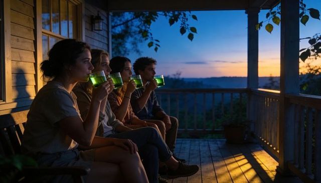Four friends sitting on wooden porch sipping green mugs at sunset