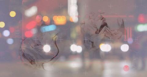 Futuristic urban night scene with floating abstract forms