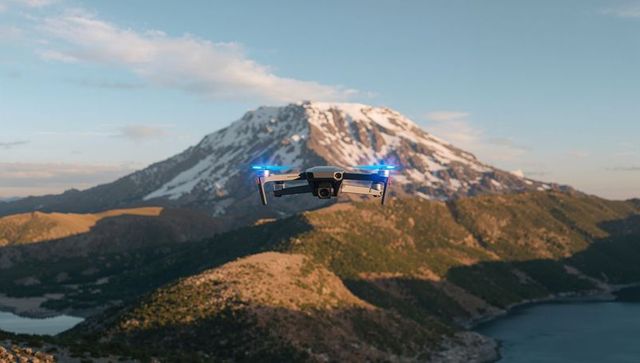 Autonomous drone hovering over alpine lake with snow-capped mountain at golden hour