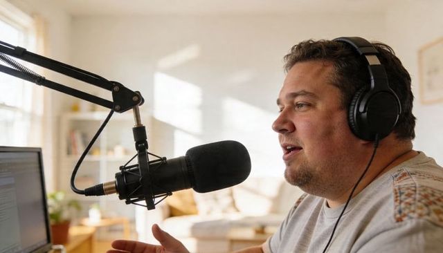 Home podcaster speaking into microphone with headphones and laptop in bright living room