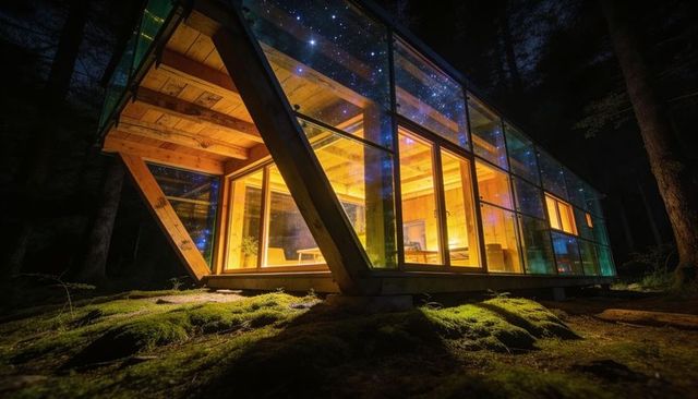 Glowing modern glass cabin nestled in starry forest night with warm timber interior