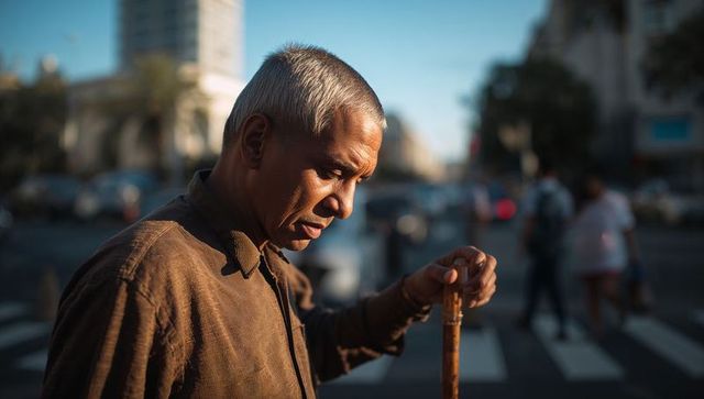 Standing senior asian man holding wooden cane on urban crosswalk during golden hour