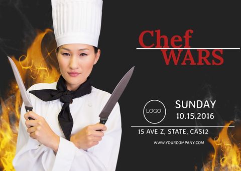 fiery chef with knives promoting culinary competition event - Download Free Stock Templates Pikwizard.com
