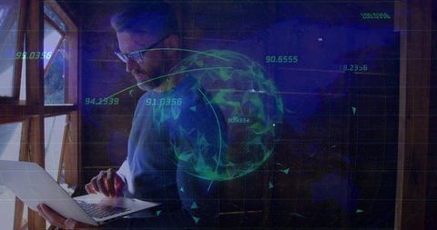 Middle-aged man using laptop with holographic brain data interface and futuristic grid