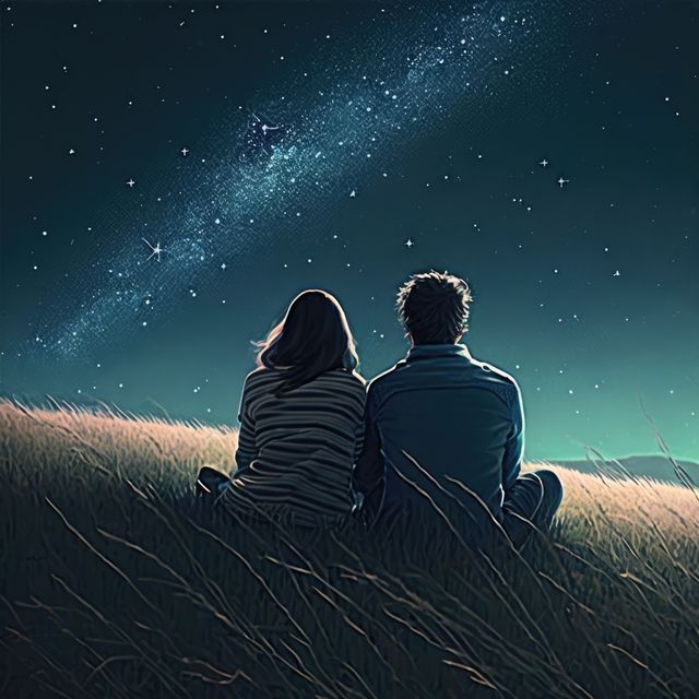 Couple in field star gazing at night sky, created using generative ai technology. Stars, space, nature and love concept digitally generated image.