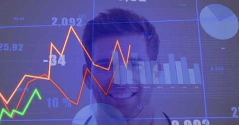 Smiling businessman blending with financial dashboard overlay showing growth analytics