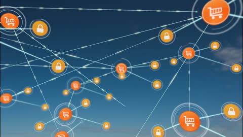 Digital Network with Shopping and Security Icons in Sky Background