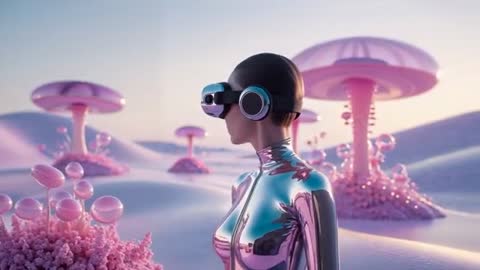 Future Android Exploring Pastel Fantasy World with VR in Alien Landscape