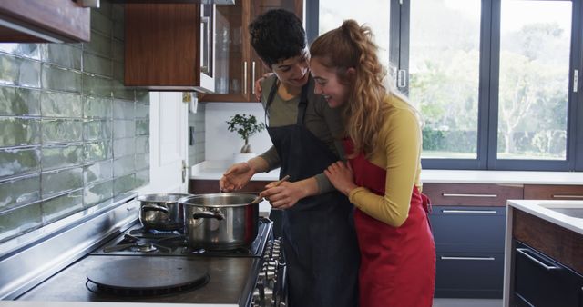 Happy Couple Cooking Together in Modern Kitchen with Large Windows - Download Free Stock Images Pikwizard.com