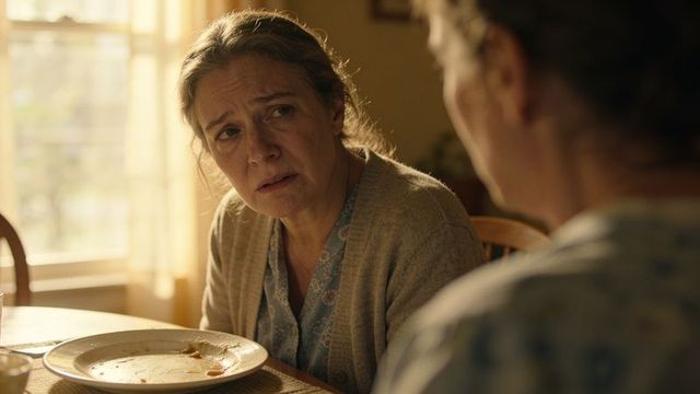 Worried senior woman talking with caregiver at sunlit kitchen table showing concern