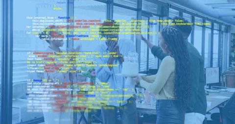 Tech Team Celebrating Office Birthday with Cake and Code Overlay for Collaborative Culture