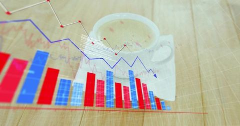 Coffee cup on wooden desk with augmented reality financial charts showing downward trend