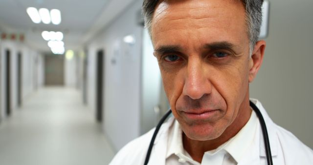 A mature doctor stands in a well-lit hospital corridor, looking confidently into the distance. The setting suggests professionalism and reliability. This image is suitable for health-related articles, medical websites, hospital brochures, or healthcare marketing materials.