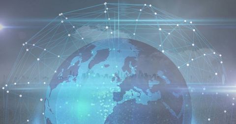 Digital earth globe with network nodes and links on blue background