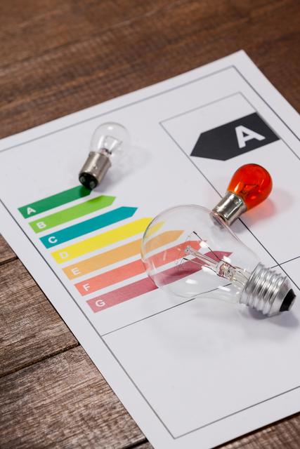 This image shows an energy efficiency rating chart with light bulbs placed on a wooden table. It can be used for articles or advertisements related to energy conservation, sustainable living, eco-friendly products, and home improvement tips. It is ideal for illustrating concepts of power consumption and promoting energy-saving practices.