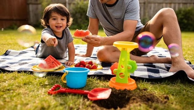 Toddler enjoying watermelon picnic with dad on backyard blanket, bubbles and summer toys