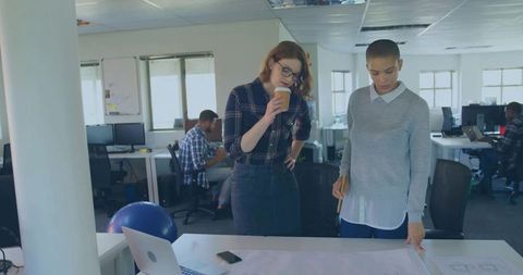 Female Professionals Reviewing Print Blueprint Office Meeting