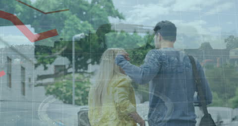 Double Exposure of Couple Walking with Financial Data Overlay