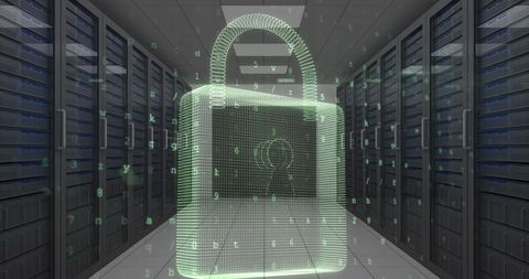 Digital Padlock Representing Internet Data Security in Server Room