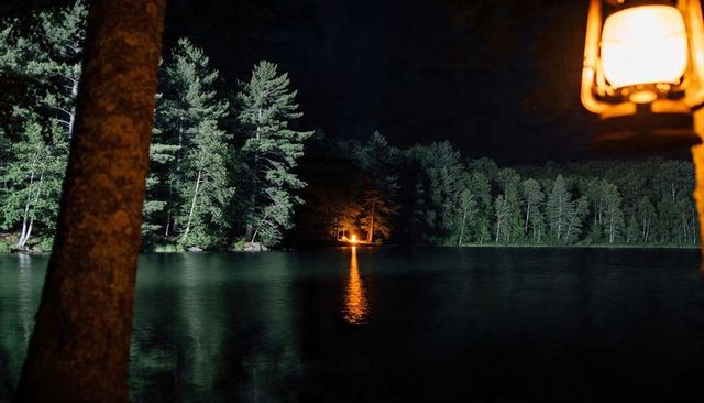 Casting campfire light across calm lake at night with lantern and tree trunk framing
