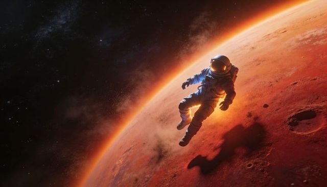 Astronaut floating above red planet rim lit by solar glow exploring weightless frontier