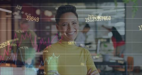 Confident Businesswoman Overlaid with Statistical Data in Modern Office