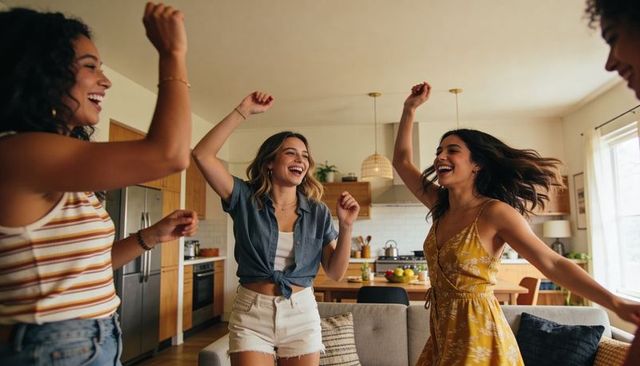 Sunlit open-plan living room dance party three friends laughing in casual summer clothes