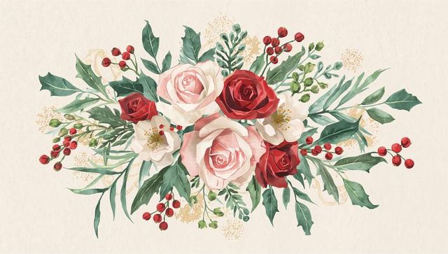 Watercolor rose bouquet with pale pink and deep red roses on cream textured paper