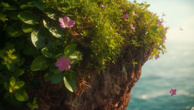 Scenic Cliff Edge Adorned with Pink Flowers and Green Foliage