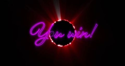 Retro neon cursive you win! arcade victory screen with jagged red ring and cosmic glow